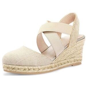 Mysoft Espadrille Wedge Sandals Womens 7 Beige New Elastic Strap JD03 Closed Toe